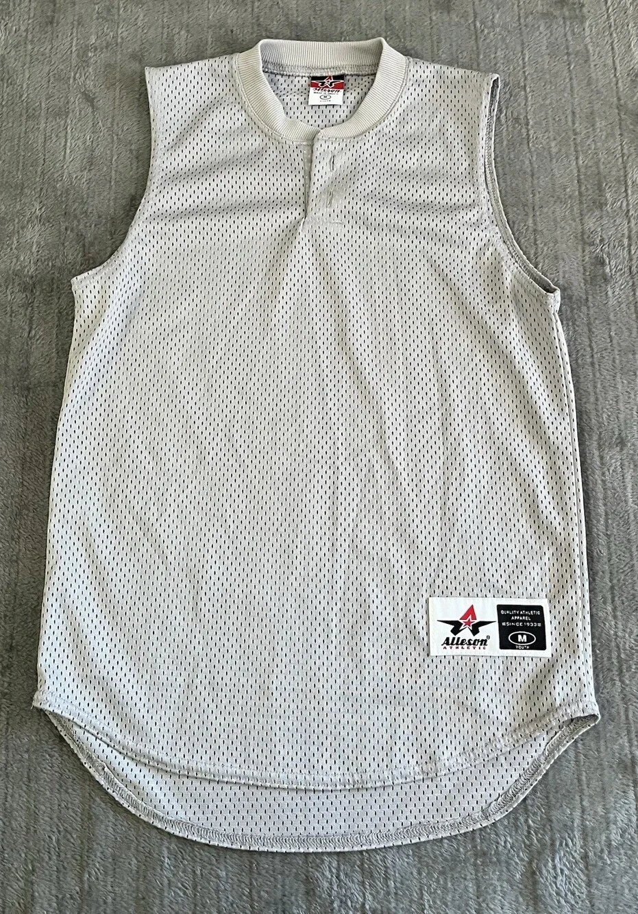 Alleson Athletic Gray Mesh Baseball Shirt Sleeveless Jersey Henley Youth Medium